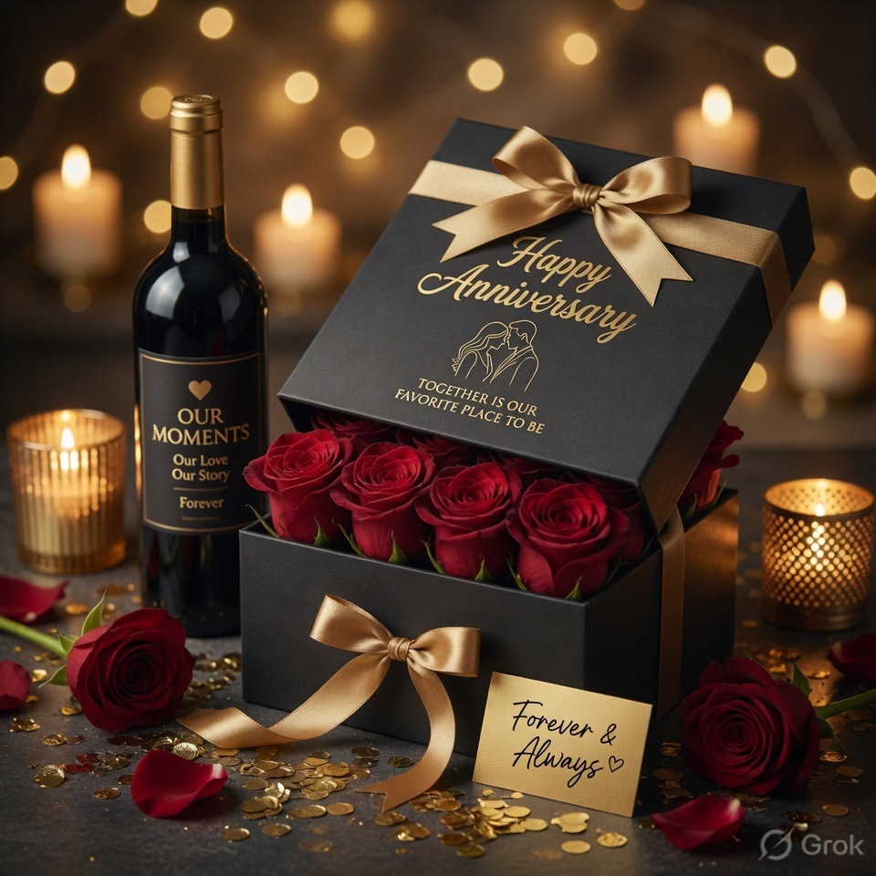 Anniversary gift wrapping with roses and romantic styling by Whishess Kota