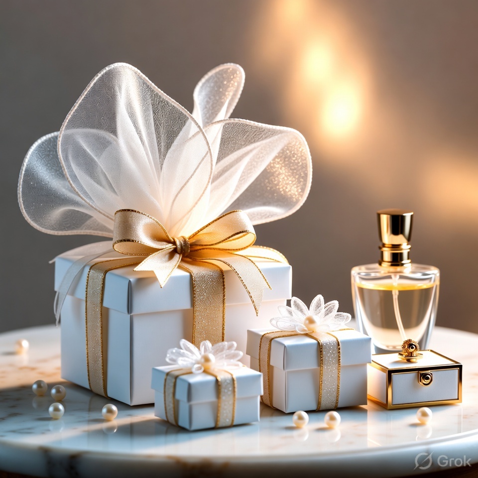 Wedding gift wrapping with satin ribbons and floral accents by Whishess Kota